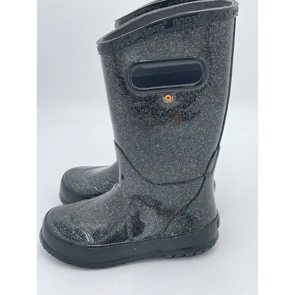 Bogs K NBT Glitter Boots Kids Size 11 Black Waterproof Rain Pull On Mid Calf